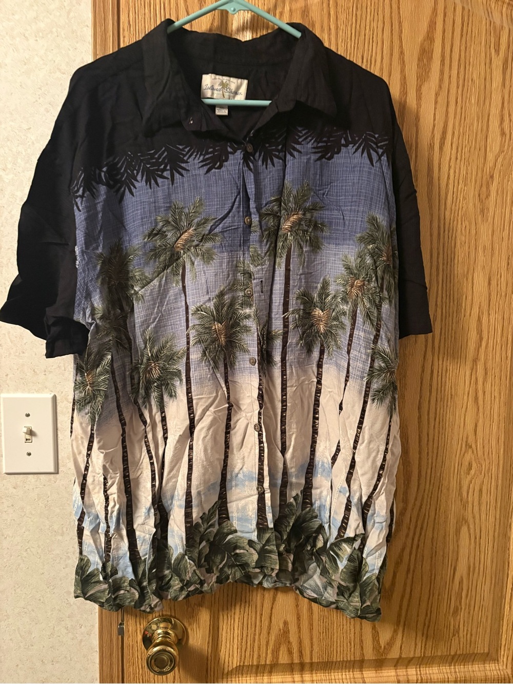 Men's Blue Palm-Print Short Sleeve Button-Down Shirt